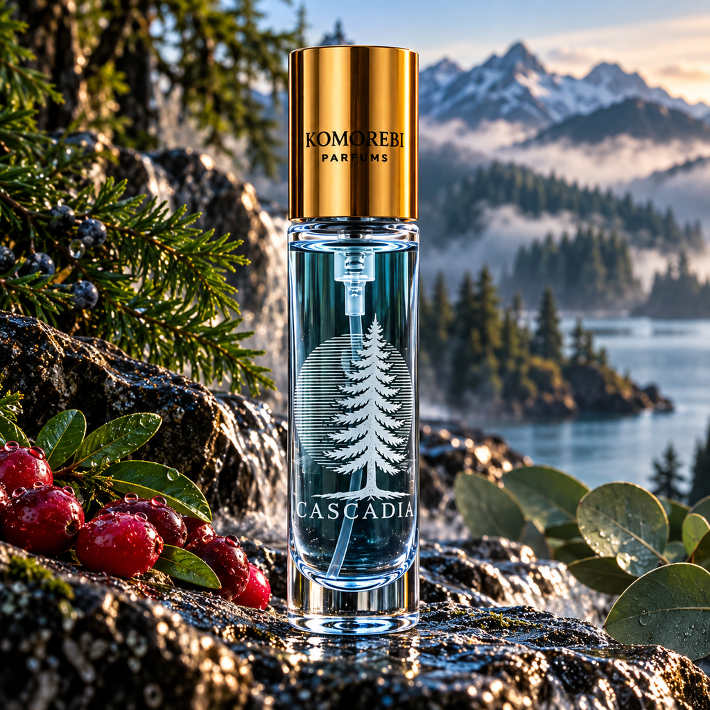 Cascadia 10 ml travel spray by Komorebi Parfums with gold cap and evergreen engraving beside cranberries and misty Pacific Northwest water