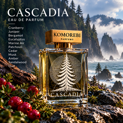 Cascadia Eau de Parfum by Komorebi Parfums on mossy coastal rocks with cranberries and misty Pacific Northwest forest
