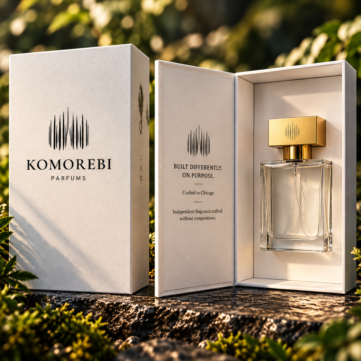 Komorebi Parfums white presentation box shown closed and open, with fragrance bottle and Built Differently. On Purpose. message