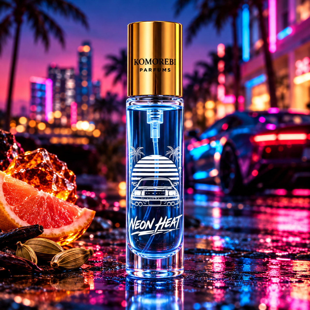 Neon Heat 10 ml travel spray by Komorebi Parfums, gold cap and engraved car artwork in a neon-lit Miami scene