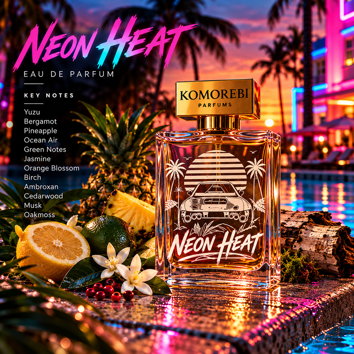 Neon Heat Eau de Parfum by Komorebi Parfums, neon Miami poolside scene with key fragrance notes