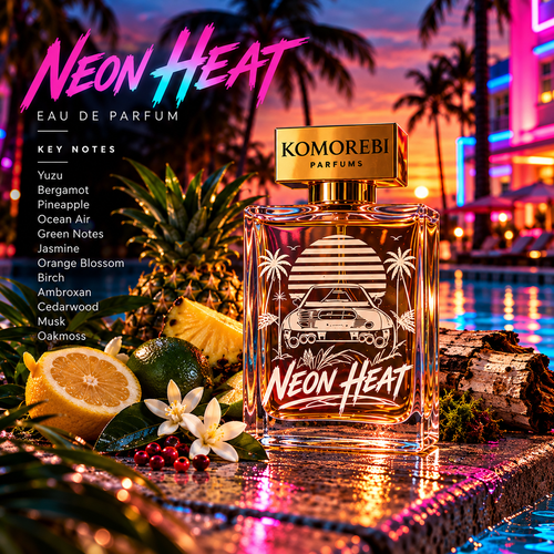 Neon Heat Eau de Parfum by Komorebi Parfums, neon Miami poolside scene with key fragrance notes