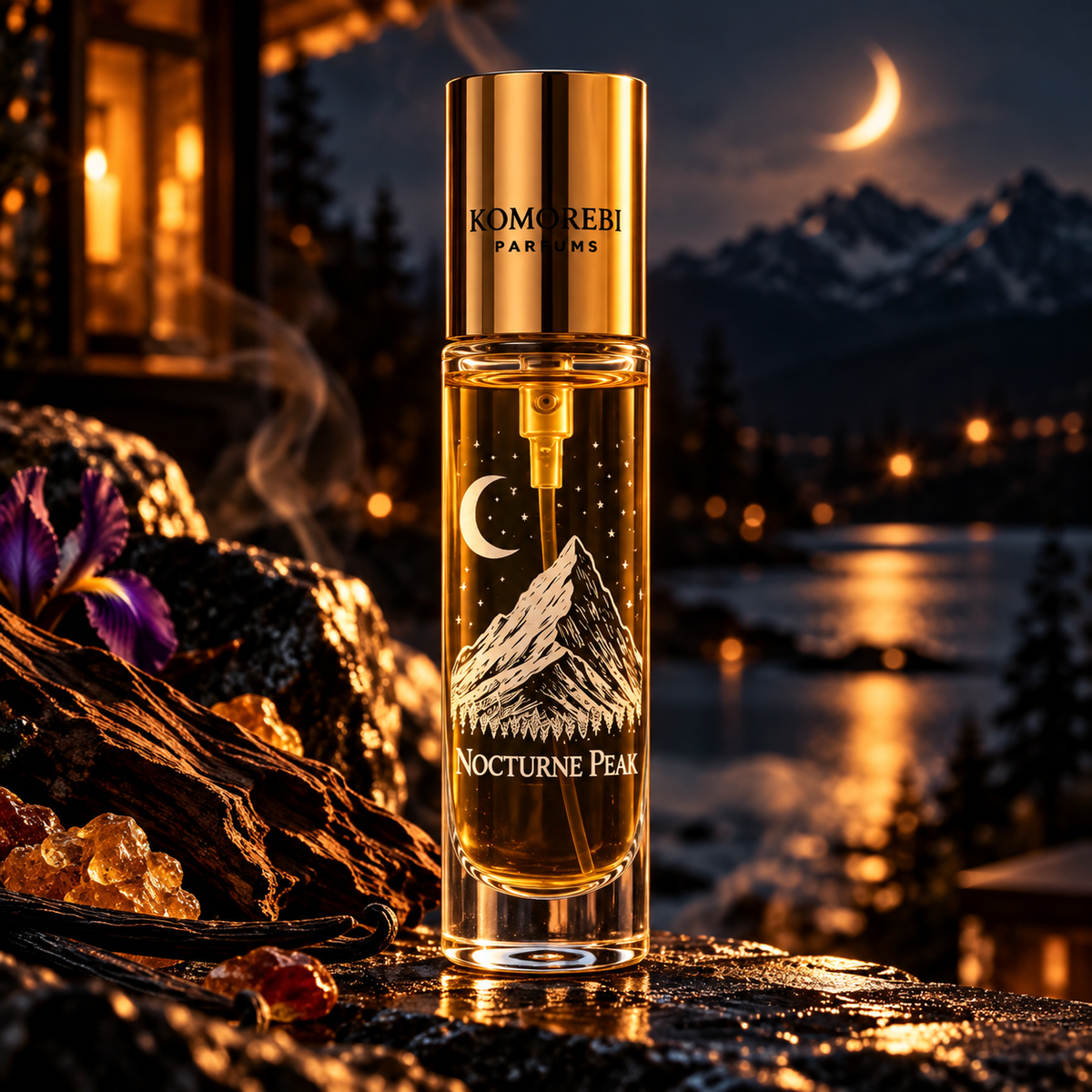 Nocturne Peak Extrait 10 ml travel spray by Komorebi Parfums, gold cap and crescent moon mountain engraving against a moonlit alpine scene