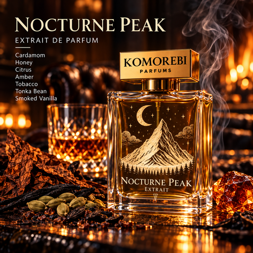 Nocturne Peak Extrait de Parfum by Komorebi Parfums in a warm amber lounge, engraved mountain and single crescent moon