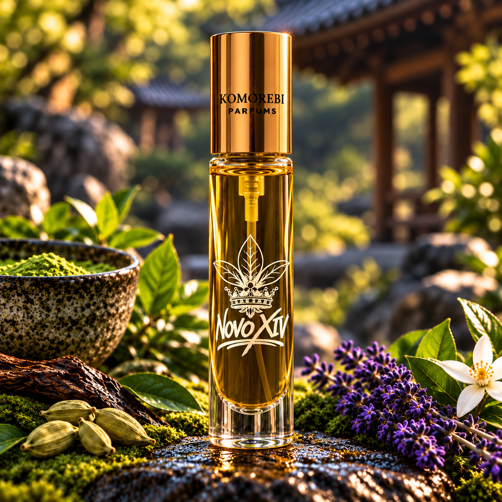 Novo XIV 10 ml travel spray by Komorebi Parfums with gold cap and engraved botanical artwork in a Japanese garden