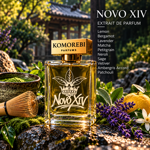 Novo XIV Extrait de Parfum by Komorebi Parfums in a Japanese garden with matcha, lavender and citrus